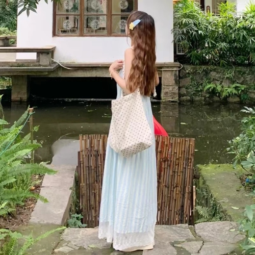 Seaside resort style blue striped suspender dress for women 2024 new summer French retro temperament long skirt