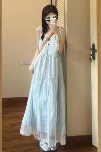 French blue striped lace suspender dress for women 2024 summer new design sleeveless temperament long dress