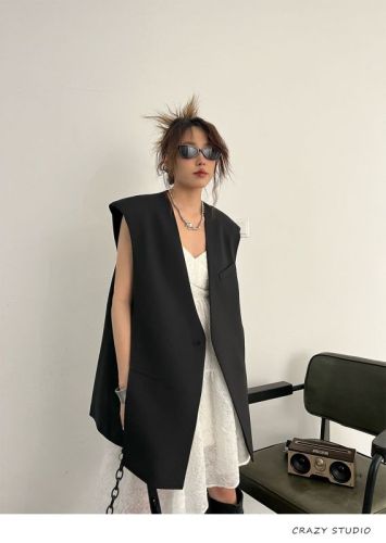 New ins trendy design Korean style loose sleeveless collarless suit vest vest for women trendy