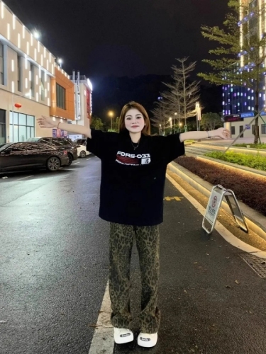 New 2024 American Retro Leopard Print Women's Spring Summer High-Waisted Flowy Straight Leg Wide Leg Floor-Length Pants