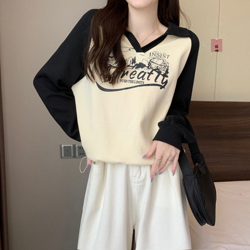 Real shot double-sided 230g sweatshirt for women spring and autumn thin fun printed lapel top plus size women's 200 pounds