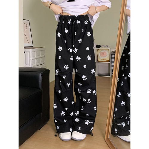 American niche dog paw print casual wide leg pants for women summer new ins trend versatile straight thin trousers