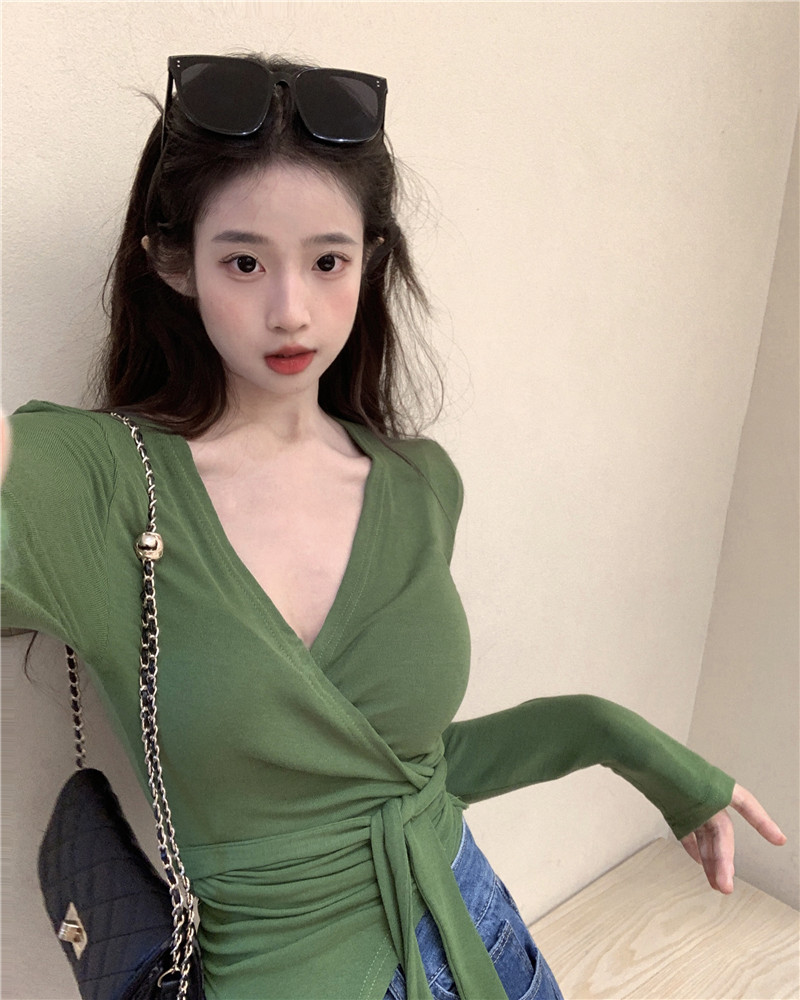 Real shot ~ early autumn design versatile V-neck long-sleeved waist strap irregular top T-shirt