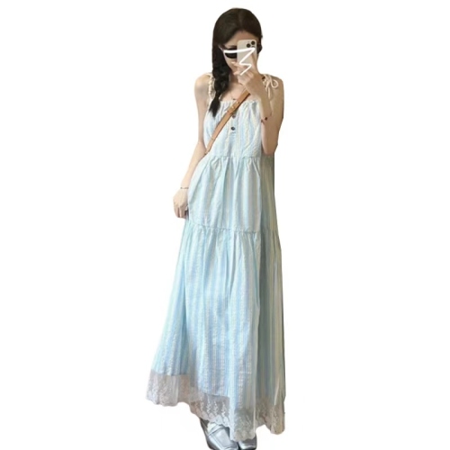 French blue striped lace suspender dress for women 2024 summer new design sleeveless temperament long dress