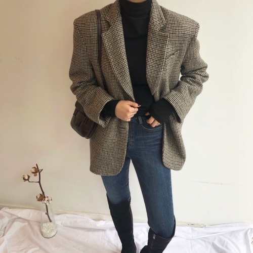 Korean chic autumn and winter retro suit collar tie waist cardigan loose houndstooth woolen jacket women#