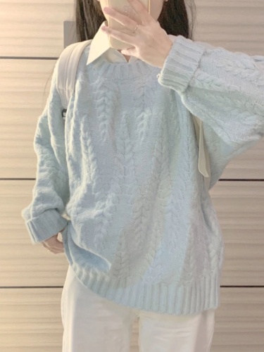 Lavender Blue Lazy Style Crochet Cardigan for Women - Autumn/Winter 2024 New Arrival Thickened High-End V-Neck Knit Top