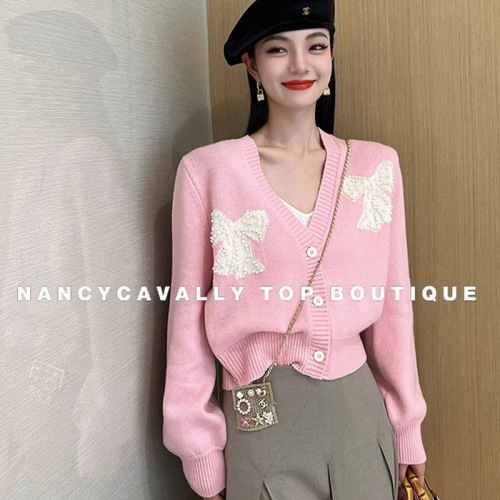 NancyCavally同款软糯羊毛甜美蝴蝶结珍珠针织开衫女宽松毛衣外套