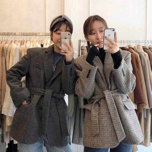 Korean chic autumn and winter retro suit collar tie waist cardigan loose houndstooth woolen jacket women#