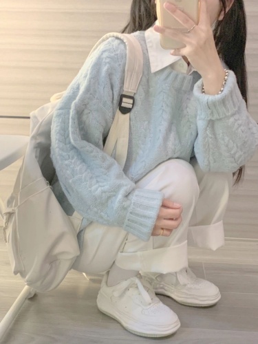 Lavender Blue Lazy Style Crochet Cardigan for Women - Autumn/Winter 2024 New Arrival Thickened High-End V-Neck Knit Top