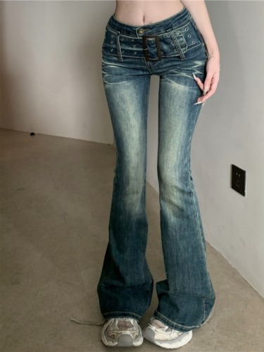 Real shot!  American retro jeans for women with design wide belt and decorative hottie bell bottoms