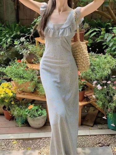 French retro floral dress mid-length elegant ladylike square neck ruffle skirt women's summer over-the-knee long skirt