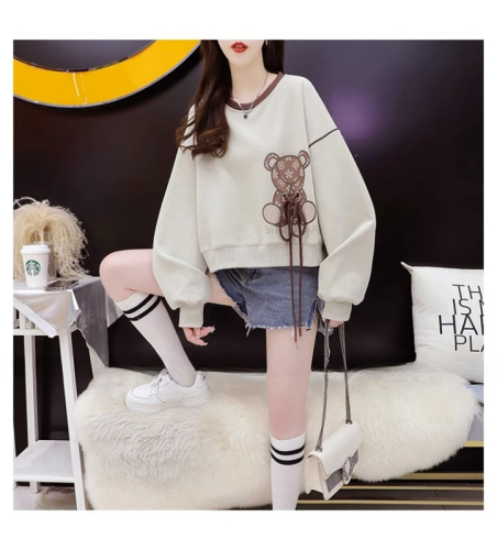 Official photo imitation cotton Chinese cotton composite milk silk spring and autumn thin short round neck sweatshirt for women trendy