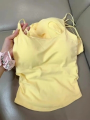 Dopamine Thai Yellow Mini Strap Bralette for Women, Summer Outerwear with Built-in Bra Pads, Camisole for a Slimming Effect, Sleeveless Top as an Underlayer