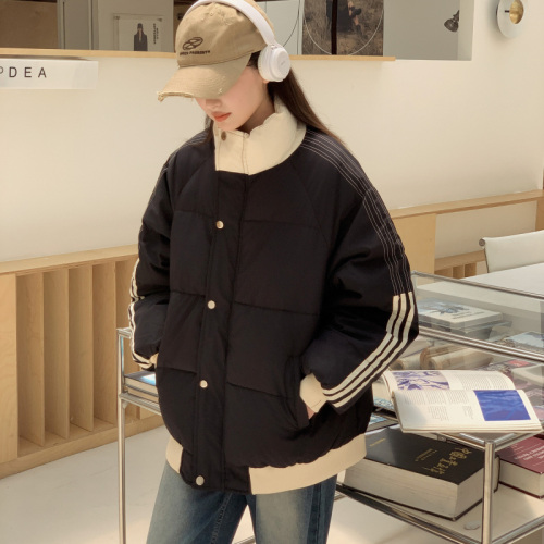 High-quality hand-stuffed cotton thickened winter new spliced ​​three-stripe loose cotton coat women's bread coat