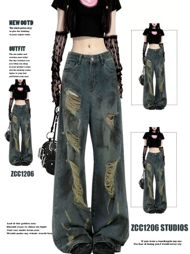 American vibe retro wasteland style splashed ink ripped jeans for women high street design loose wide leg floor mopping pants trendy