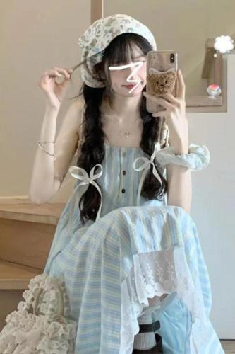 French First Love Blue Suspender Dress Women's Summer 2024 New Small Seaside Resort Style Beach Long Dress