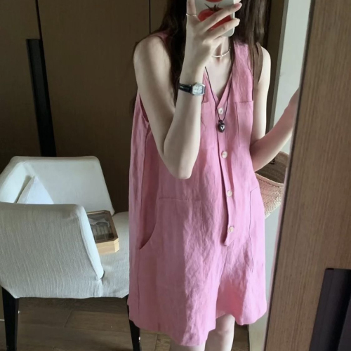 24th Summer Rainbow Dopamine Korean Style Simple V-neck Sleeveless Vest Vacation Casual Loose Jumpsuit Shorts