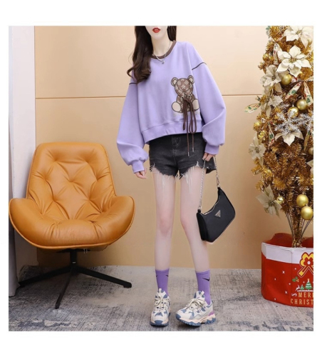 Official photo imitation cotton Chinese cotton composite milk silk spring and autumn thin short round neck sweatshirt for women trendy