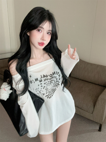 Actual shot ~ Lazy and simple characteristic printed thin see-through long-sleeved blouse T-shirt fashionable hot girl slanted shoulder versatile top