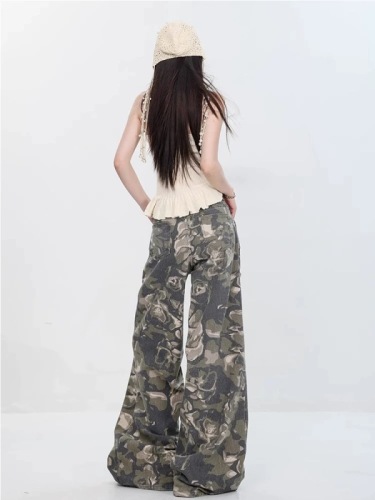 American Retro Camouflage Denim Wide Leg Pants Women's 2024 Summer New Loose Slim Versatile Casual Floor-Mopping Pants Thin