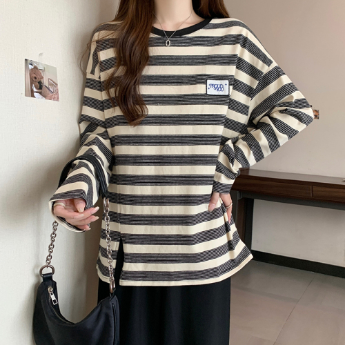 Real shot of pure cotton striped sweatshirt for women in spring and autumn thin trendy round neck long-sleeved T-shirt tops for women plus size 200 pounds