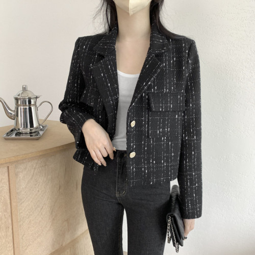 Korean chic autumn lapel plaid tweed small fragrance short versatile straight slim long-sleeved coat for women