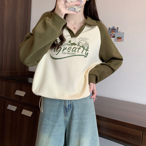 Real shot double-sided 230g sweatshirt for women spring and autumn thin fun printed lapel top plus size women's 200 pounds