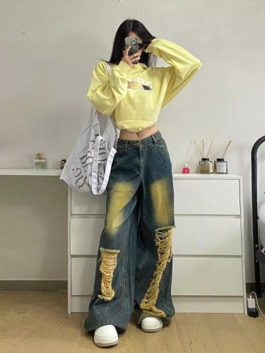 American retro washed distressed ripped jeans for women, high street, loose and slim, straight wide-leg floor-length trousers