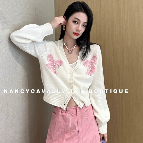 NancyCavally同款软糯羊毛甜美蝴蝶结珍珠针织开衫女宽松毛衣外套