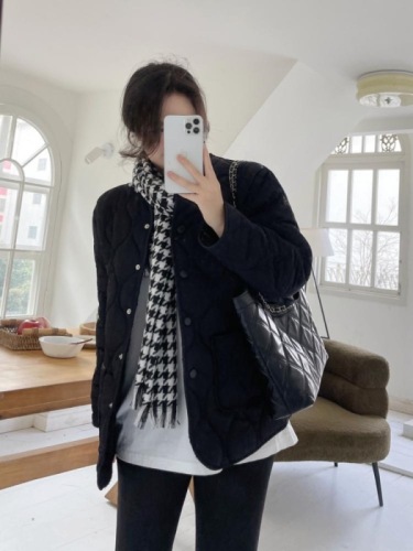 Collarless lamb wool splicing thin rhombus plaid winter Korean version loose small fragrant style rhombus pattern warm cotton coat for women