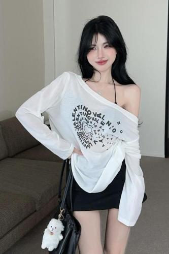 Actual shot ~ Lazy and simple characteristic printed thin see-through long-sleeved blouse T-shirt fashionable hot girl slanted shoulder versatile top