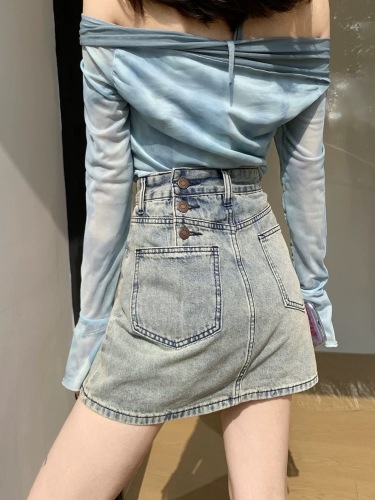 High-waisted denim short skirt for women summer thin 2024 new three-button small A-line light-colored short skirt