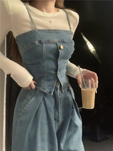 Real shot!  Korean style loose high waist jeans trousers denim vest suspender suit