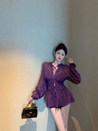 Actual shot of early autumn design hollow thin strap pure lust purple dress slightly see-through waist chiffon top for women