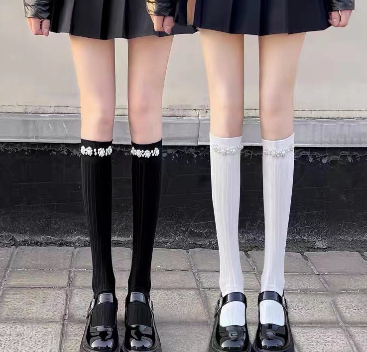 Japanese cute solid color pearl calf socks for women ins style spring and summer college style Lolita girl stockings