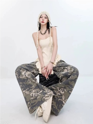 American Retro Camouflage Denim Wide Leg Pants Women's 2024 Summer New Loose Slim Versatile Casual Floor-Mopping Pants Thin