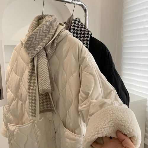 Collarless lamb wool splicing thin rhombus plaid winter Korean version loose small fragrant style rhombus pattern warm cotton coat for women