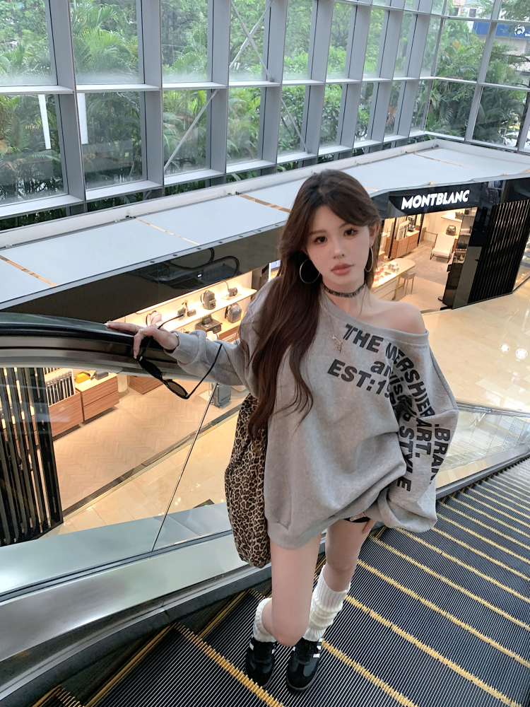 實拍 字母印花長袖衛衣女秋季辣妹露肩設計感寬鬆顯瘦上衣ins