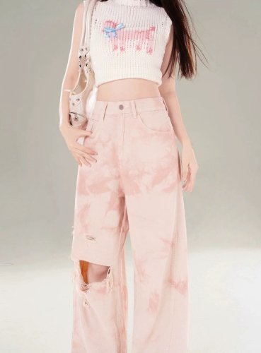 Pink high street wide leg ripped jeans for women summer tie dye new high waist loose floor mopping pants