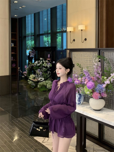 Actual shot of early autumn design hollow thin strap pure lust purple dress slightly see-through waist chiffon top for women