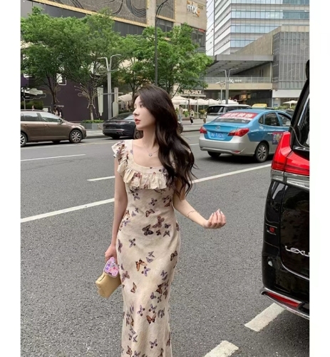 French retro butterfly print vest dress summer ruffle collar slim slim long floral skirt for women