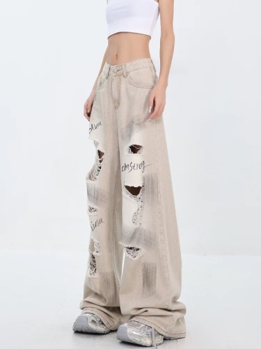 KEN STUDIO new summer style American street graffiti ripped jeans women's straight washed wide leg floor mopping pants