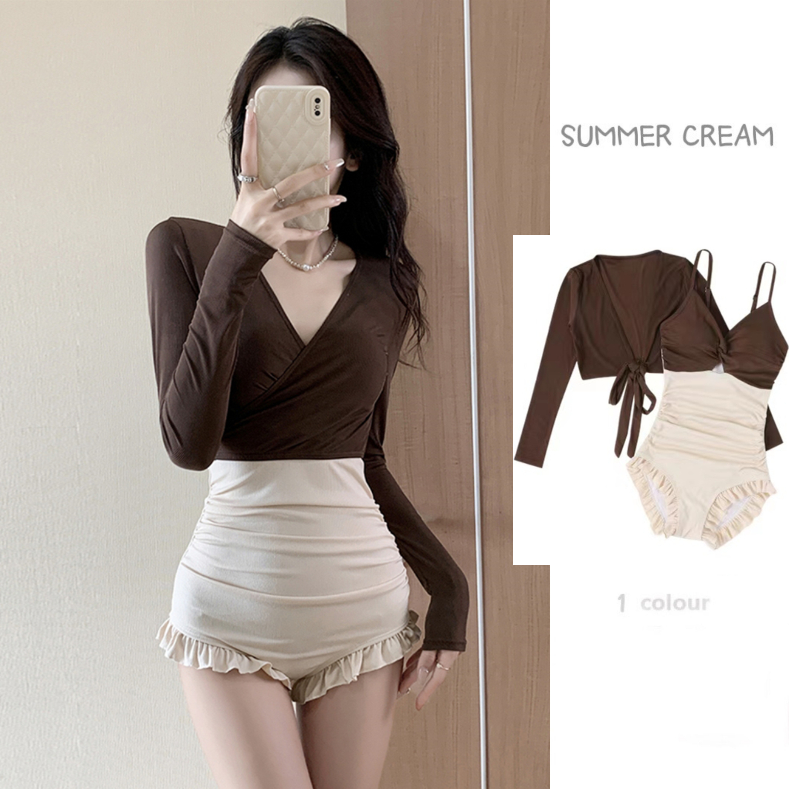 One-piece triangle swimsuit women 2024 sexy slim and high-end long-sleeved shirt hot girl soaking in hot spring swimsuit