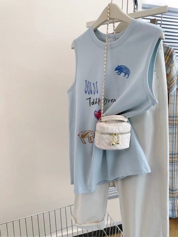 Blue printed short vest t-shirt for women summer 2024 new design niche outer wear right shoulder top