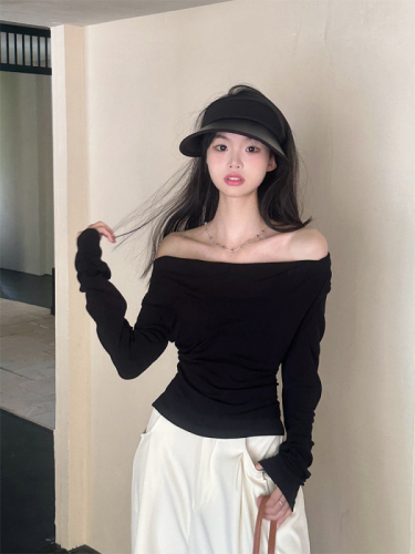 Real shot of pure lust sexy one-shoulder long-sleeved T-shirt for women summer slimming off-shoulder inner swung collar top