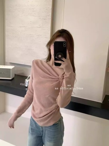 2024 spring and autumn new smocked irregular design niche thin knitted sweater women's long-sleeved top
