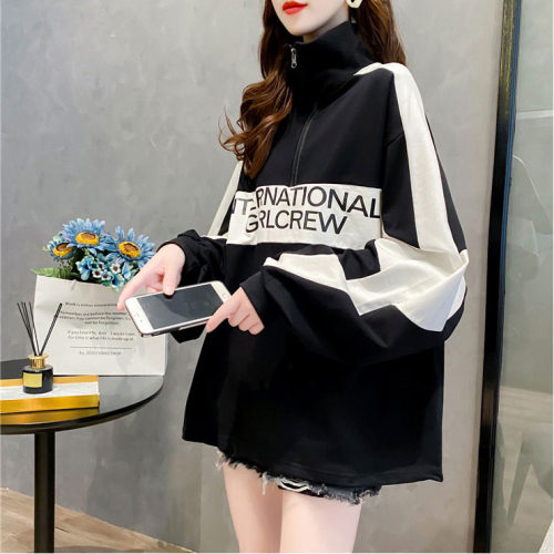 Official picture 25 cotton spring and autumn new Korean style stand collar zipper splicing pullover thin top for women