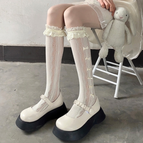 Lace socks short-tube sweet lace bow strap calf socks women's summer thin jk Mary Jane pile socks