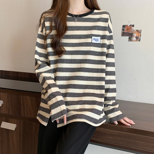 Real shot of pure cotton striped sweatshirt for women in spring and autumn thin trendy round neck long-sleeved T-shirt tops for women plus size 200 pounds