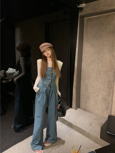 Real shot!  Korean style loose high waist jeans trousers denim vest suspender suit